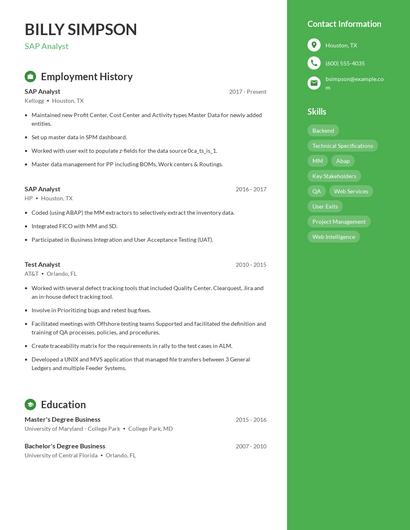 SAP Analyst Resume