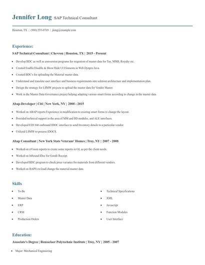 SAP Technical Consultant Resume