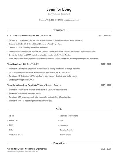 SAP Technical Consultant Resume