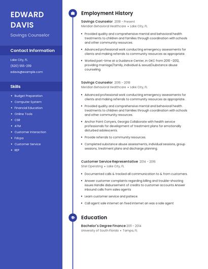 Savings Counselor Resume