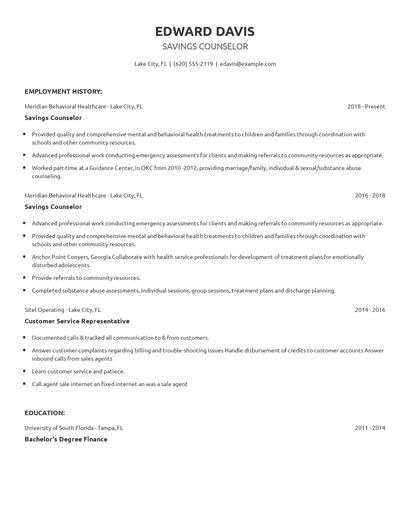 Savings Counselor Resume