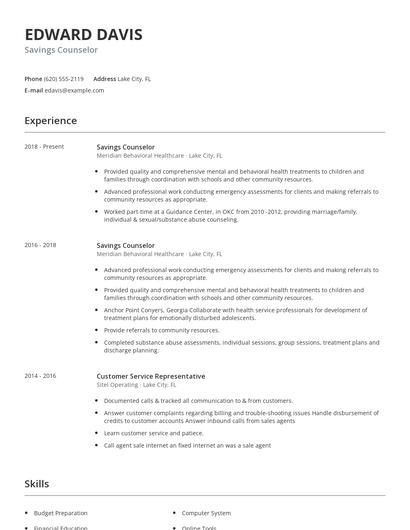 Savings Counselor Resume