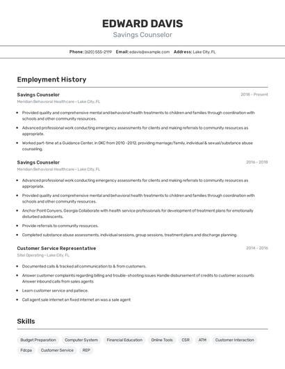 Savings Counselor Resume