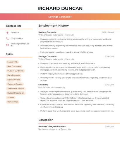 Savings Counselor Resume