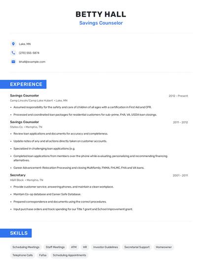 Savings Counselor Resume
