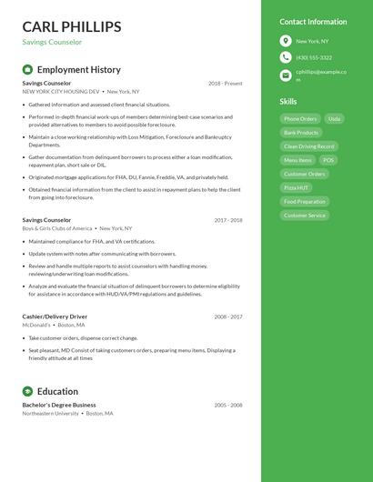 Savings Counselor Resume