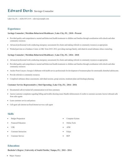 Savings Counselor Resume