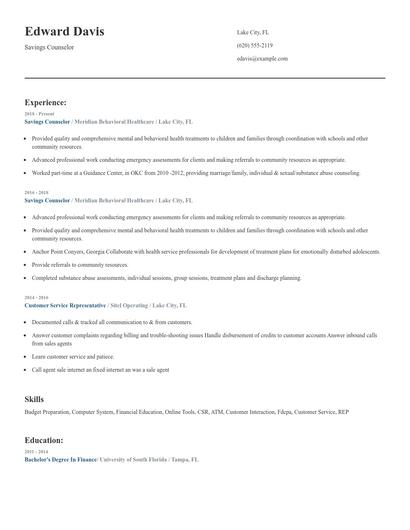 Savings Counselor Resume