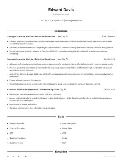 Savings Counselor Resume