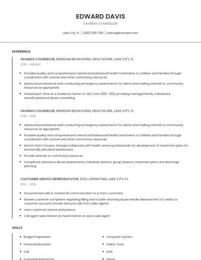 Savings Counselor Resume