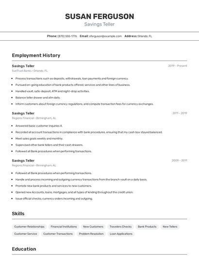 Savings Teller Resume