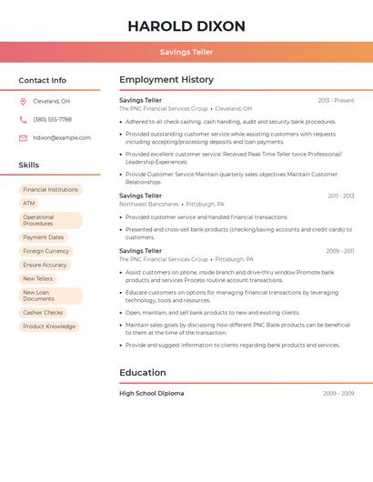 Savings Teller Resume