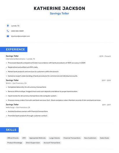Savings Teller Resume