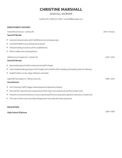 Sawmill Worker Resume