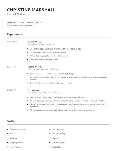 Sawmill Worker Resume