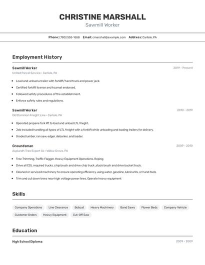 Sawmill Worker Resume
