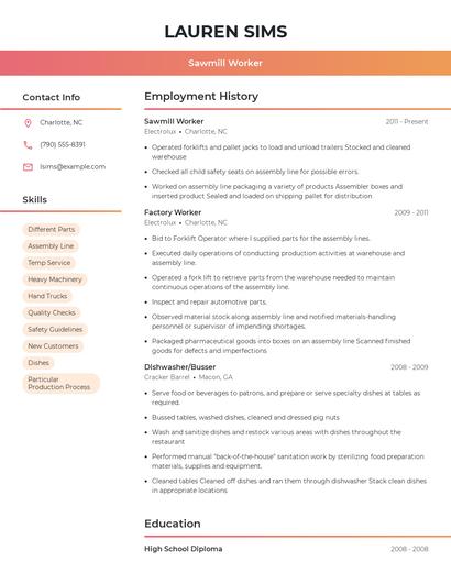 Sawmill Worker Resume