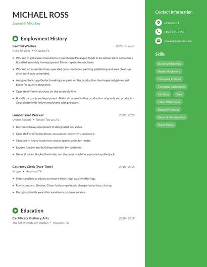 Sawmill Worker Resume