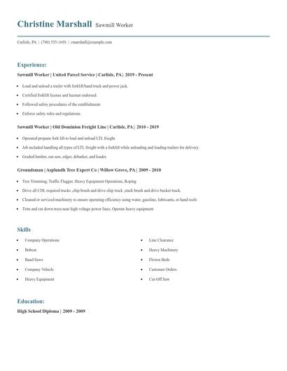Sawmill Worker Resume