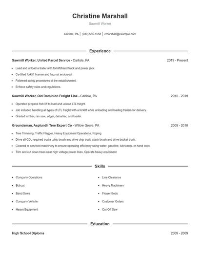 Sawmill Worker Resume