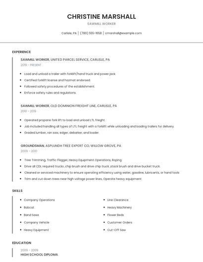 Sawmill Worker Resume