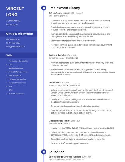 Scheduling Manager Resume