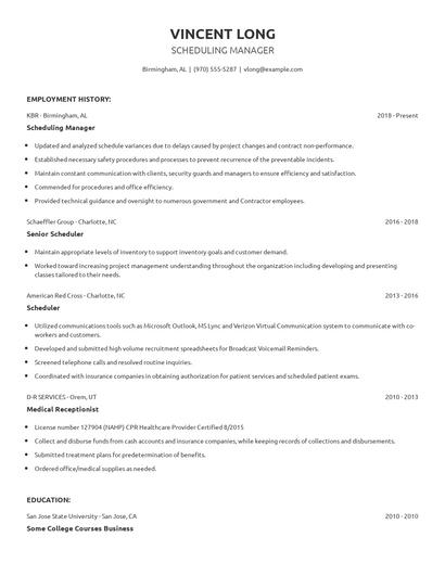 Scheduling Manager Resume
