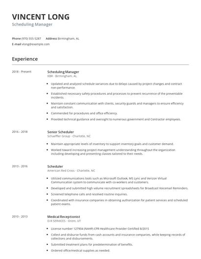 Scheduling Manager Resume