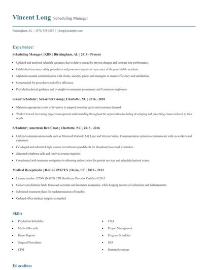 Scheduling Manager Resume