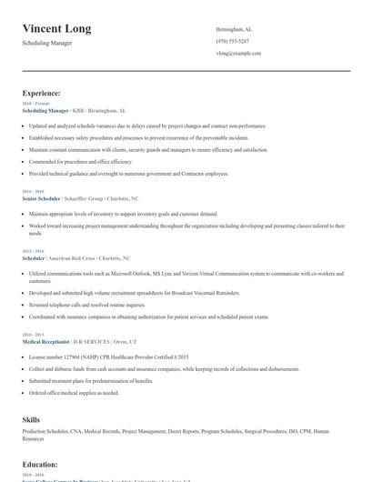 Scheduling Manager Resume