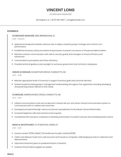 Scheduling Manager Resume