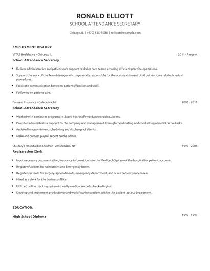 School Attendance Secretary Resume