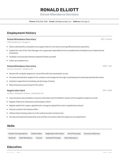 School Attendance Secretary Resume