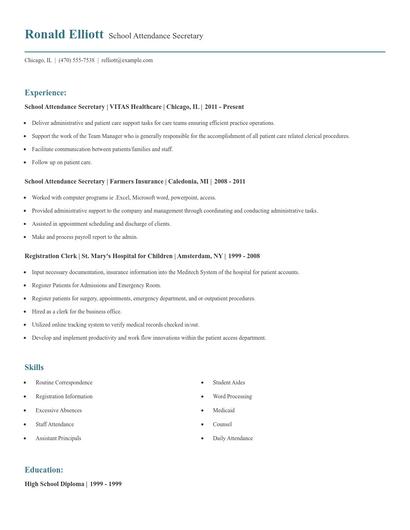 School Attendance Secretary Resume