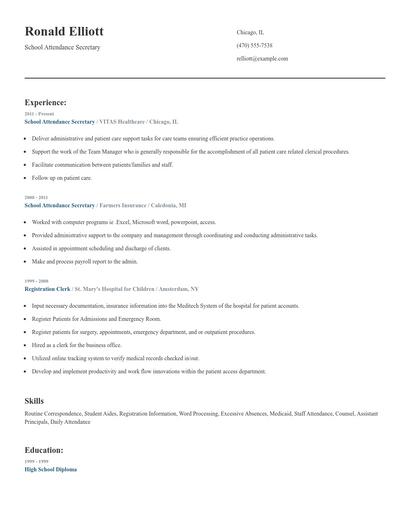 School Attendance Secretary Resume