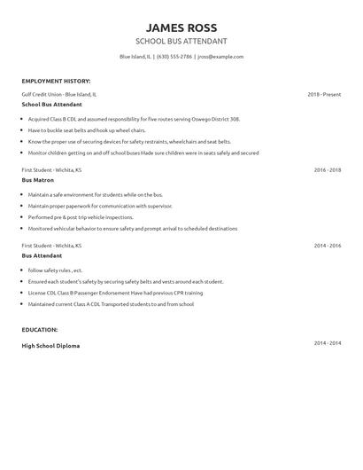 School Bus Attendant Resume