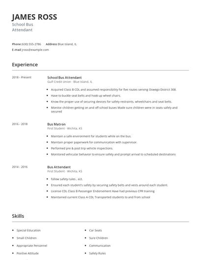 School Bus Attendant Resume