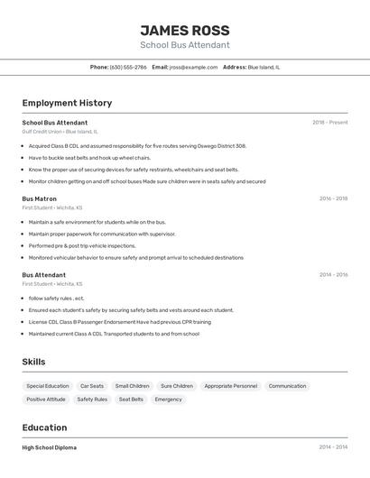 School Bus Attendant Resume