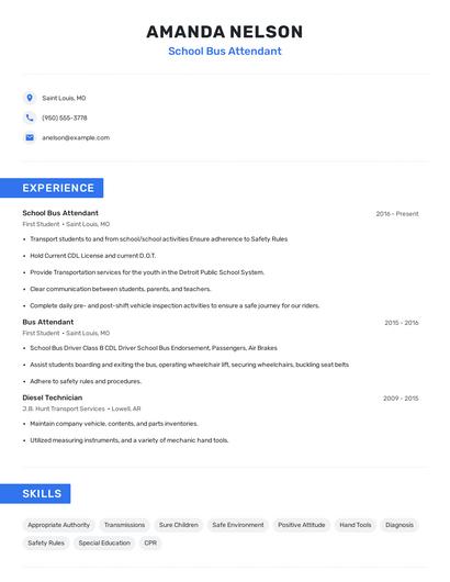 School Bus Attendant Resume