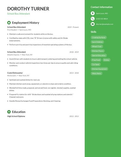 School Bus Attendant Resume