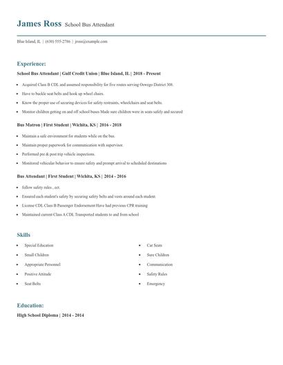 School Bus Attendant Resume