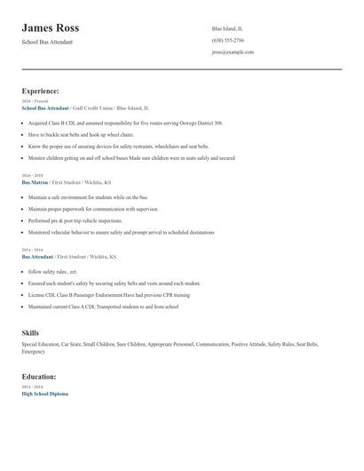 School Bus Attendant Resume