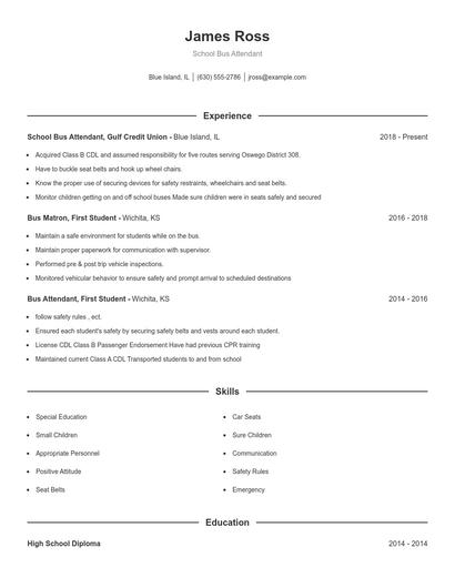 School Bus Attendant Resume