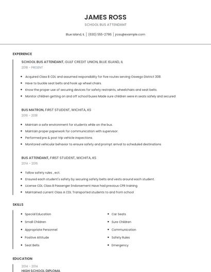 School Bus Attendant Resume