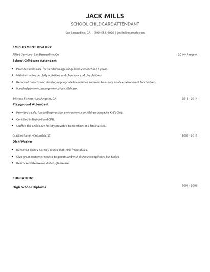 School Childcare Attendant Resume