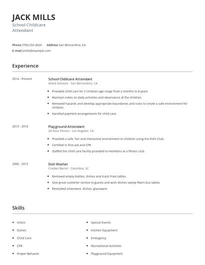 School Childcare Attendant Resume