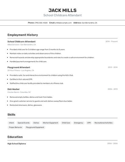 School Childcare Attendant Resume