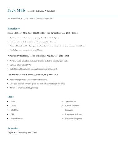 School Childcare Attendant Resume