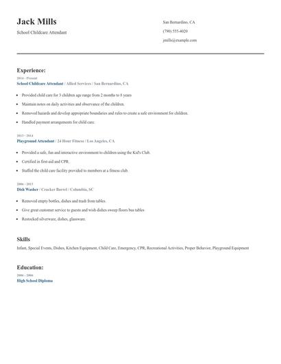 School Childcare Attendant Resume