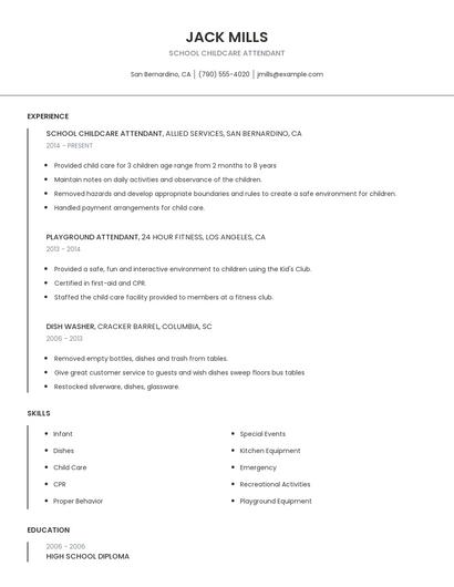 School Childcare Attendant Resume